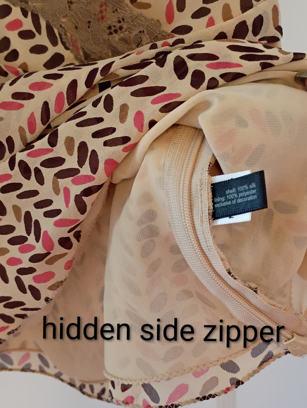 Silk Blouse Lace Trim. Pink, Tan & Brown with Sash Bow - Picture 8 of 13